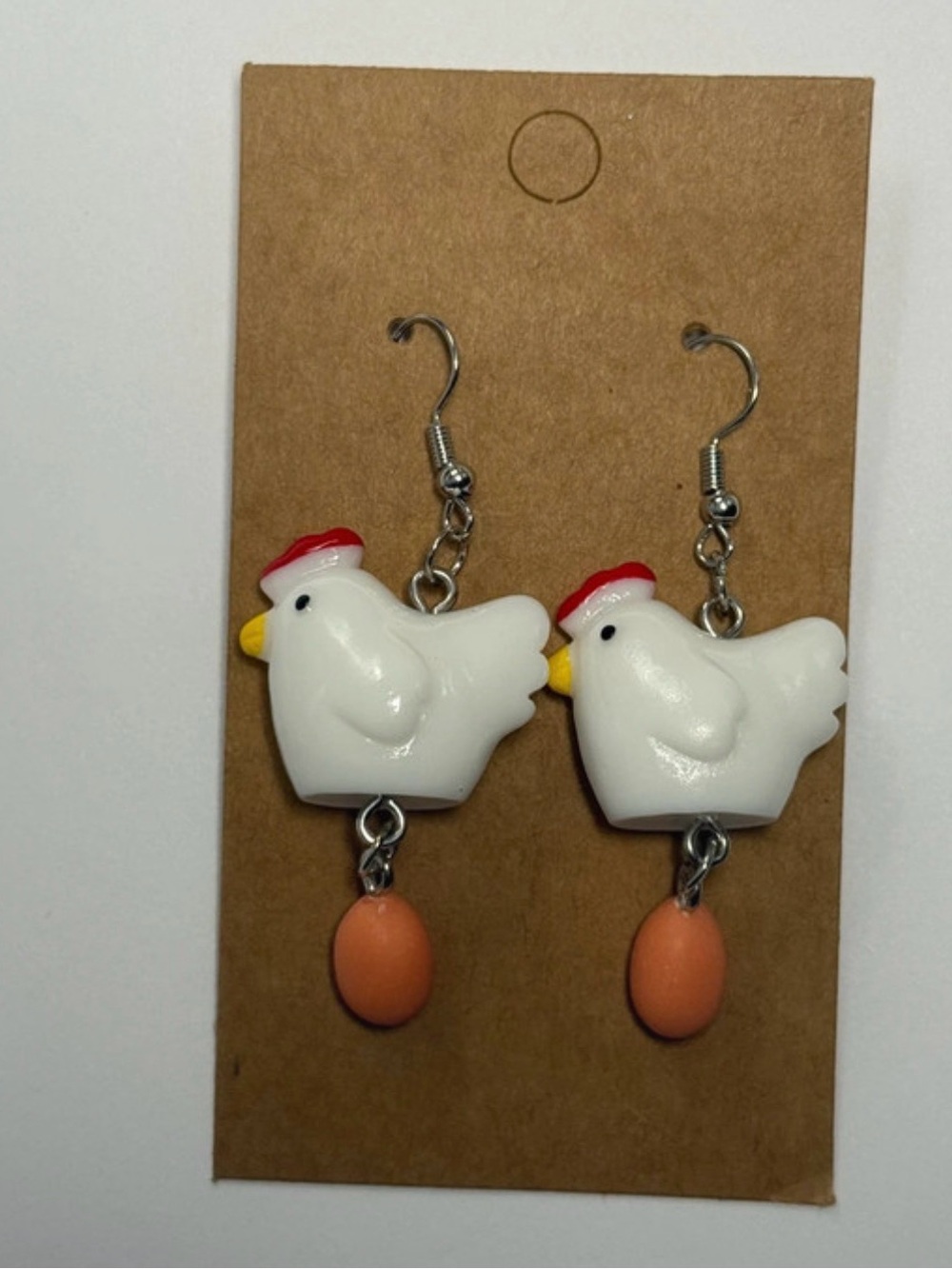 White Chicken Dangle Earrings with Peach Egg Charm